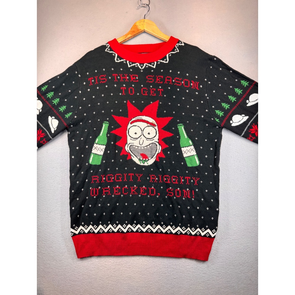 Rick and Morty Adult Swim Christmas Sweater Mens XL Riggity Wrecked Black Red
